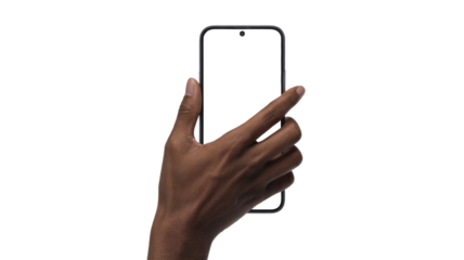 Dark-skinned hand holding a modern smartphone with a blank, ready-to-use screen, isolated on a solid transparent background. background removed