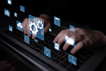A concept of business operations and enterprise system integration. The components of a company including security, data, and cloud infrastructure. Motif