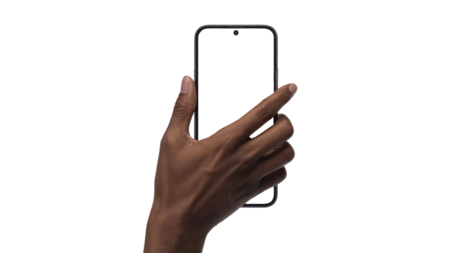 Dark-skinned hand holding a modern smartphone with a blank, ready-to-use screen, isolated on a solid transparent background. background removed