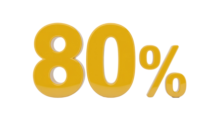 A bright, glossy 3D rendering of '80%' in golden-yellow, standing out against a deep transparent background, perfect for discount or achievement visuals. background removed