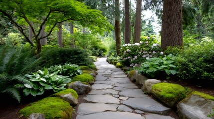 Winding stone path through lush green tranquil garden