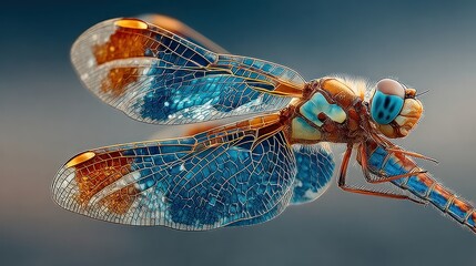 Vibrant Blue and Orange Stylized Dragonfly Macro Close-up with Intricate Wing Patterns