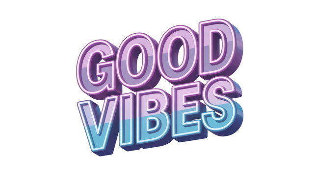 A vibrant 3D text graphic featuring the words "GOOD VIBES" with a glowing neon effect and gradient colors, perfect for positive messaging. background removed