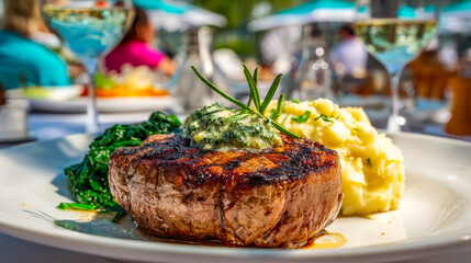 Gourmet steak with mashed potatoes and saut?ed greens in an outdoor dining setting