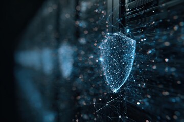 Digital shield representing network connections with data security concepts in a server room setting showcasing technology advancement
