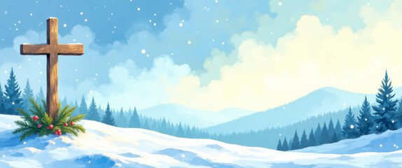 Snowy Christmas landscape with cross standing on snowdrift, evergreen trees covering distant mountains. Jesus Christ's nativity symbolizes faith, hope, and love during Christian Christmas season.
