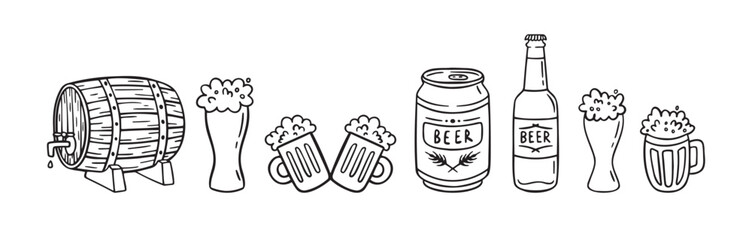assorted beer glasses and barrel doodles. showcase taproom tasting scene with mugs pints bottles, foam keg hops rustic wood background. playful ink sketch conveying cozy celebration and craft brewing