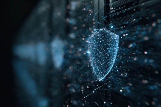 Digital shield representing network connections with data security concepts in a server room setting showcasing technology advancement