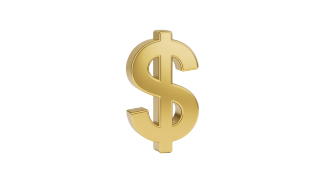 A vibrant 3D golden dollar sign icon stands prominently on a solid dark transparent background, symbolizing finance, wealth, and economic prosperity. background removed