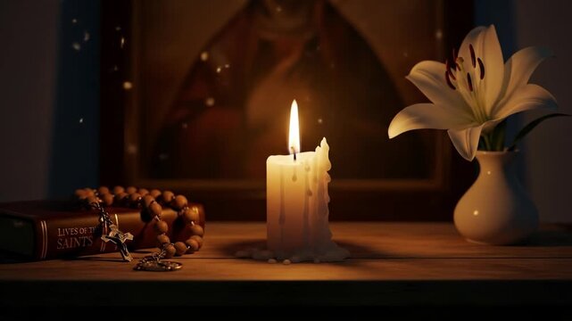 A serene still life scene featuring a lit candle, a white lily in a vase, and religious items on a wooden surface