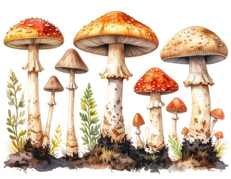 A whimsical watercolor illustration of various colorful toadstools and mushrooms sprouting from dark soil, with hints of greenery