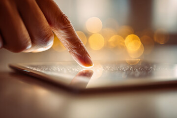 Person interacts with illuminated digital tablet screen using fingertip while warm bokeh lights glow softly in the blurred background creating a cozy atmosphere