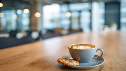 Cup of cappuccino sits on a wooden table with a cookie in a bright, modern cafe, creating a cozy and inviting atmosphere for relaxation and conversation.