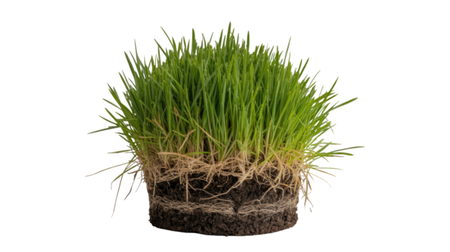 A vibrant clump of fresh green grass with exposed roots and soil, ready for natural design and ecological themes. background removed