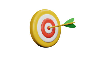 A vibrant 3D bullseye target (yellow, white, red). A yellow arrow perfectly hits the center. Symbolizes achieved goals, precision, and success. background removed