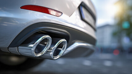 Shiny dual chrome exhaust pipes on a modern white vehicle with a blurred urban background during a sunny day showcasing sleek automotive design features