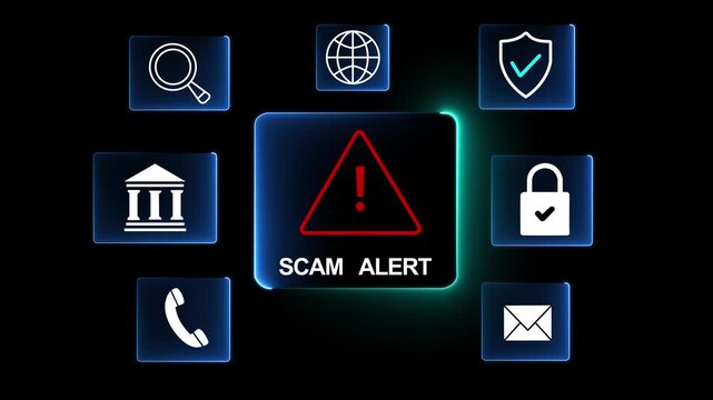 Scam alerts cybersecurity concepts on the transparent background. Fraud alerts with icons indicating online threats and cybersecurity unknown persons suspicious scammers fraud. 4k video