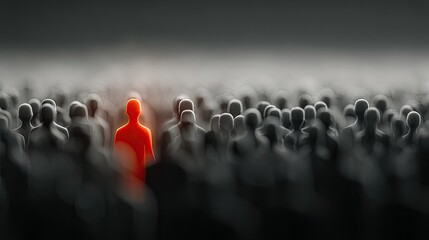 Red figure stands out in gray crowd; differential focus