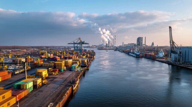 Active shipping port with cargo containers loading and unloading for global trade, 4K