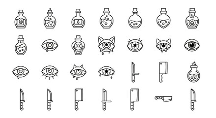 Whimsical Line Art of Alchemy, Divination and Horror Icon Collection Set for Halloween