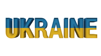 3D text 'UKRAINE' rendered with the nation's flag colors, blue on top and yellow on bottom, against a transparent background. background removed