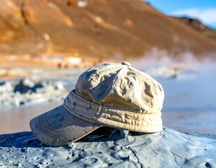 A worn, light-colored cap rests on gray, bubbling mud in a geothermal area, with a blurred backdrop of hills and steam