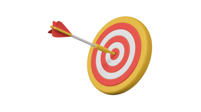 A 3D rendered image depicting an arrow perfectly hitting the bullseye of a vibrant red, white, and yellow target, symbolizing success and achievement. background removed