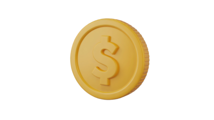 A vibrant 3D golden coin with a clear dollar sign, perfect for illustrating financial success, economic growth, or digital currency. background removed
