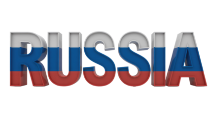 3D rendered text 'RUSSIA' with Russian flag colors (white, blue, red) on each letter, against a solid transparent background. background removed