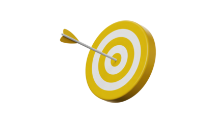 A 3D illustration features a vibrant yellow and white target with an arrow striking the absolute center, symbolizing success and achieved goals. background removed