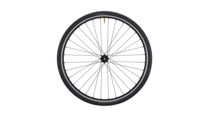 A single bicycle wheel, complete with tire, spokes, and hub, presented centrally against a solid, dark transparent background. background removed