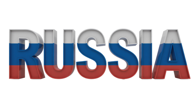 3D rendered text 'RUSSIA' with Russian flag colors (white, blue, red) on each letter, against a solid transparent background. background removed