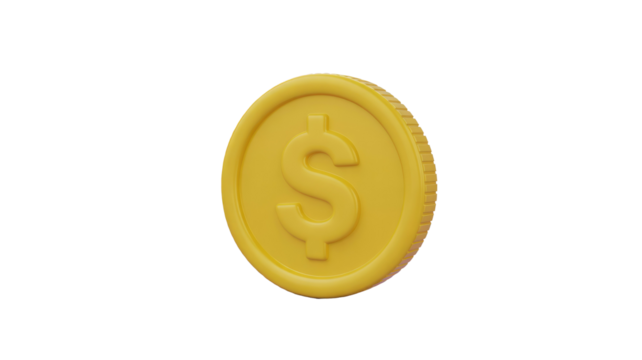 A 3D rendering of a golden dollar coin, featuring the prominent dollar sign emblem. This illustrative financial icon represents currency, wealth, and economy. background removed
