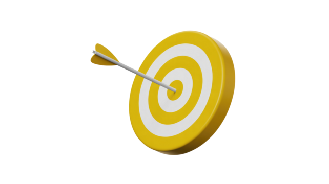 A 3D illustration features a vibrant yellow and white target with an arrow striking the absolute center, symbolizing success and achieved goals. background removed