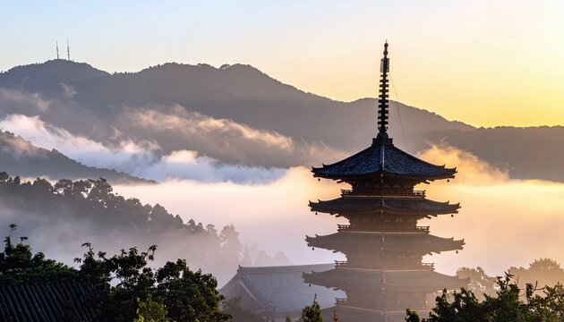 A multi-tiered Japanese pagoda stands tall amidst a sea of fog and mist, with rolling mountains visible in the soft glow of sunrise. - Powered by Adobe