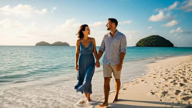 Romantic beach stroll: couple walking by the ocean with island background