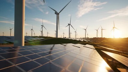 Solar panels and wind turbines at sunrise. - Powered by Adobe