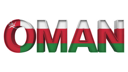 3D text 'OMAN' rendered with the national flag colors and emblem, creating a patriotic visual on a solid background. background removed