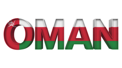 3D text 'OMAN' rendered with the national flag colors and emblem, creating a patriotic visual on a solid background. background removed