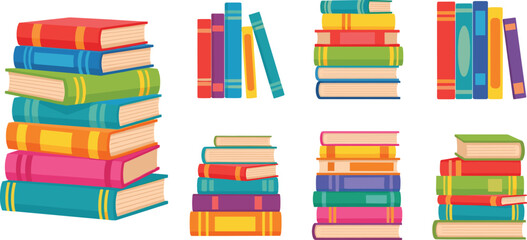 Colorful cartoon book illustration set, stacked and standing books clipart, educational vector pack, academic library design elements
