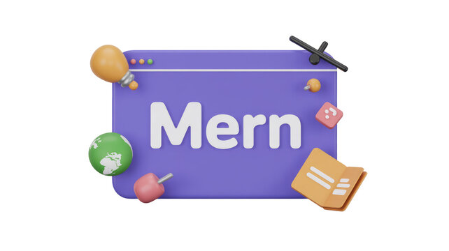 3D render illustrating MERN stack web development concepts, featuring a browser window, lightbulb, globe, and project folder icons. background removed - Powered by Adobe