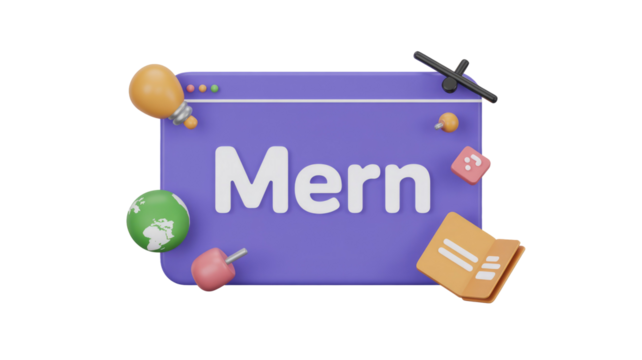3D render illustrating MERN stack web development concepts, featuring a browser window, lightbulb, globe, and project folder icons. background removed