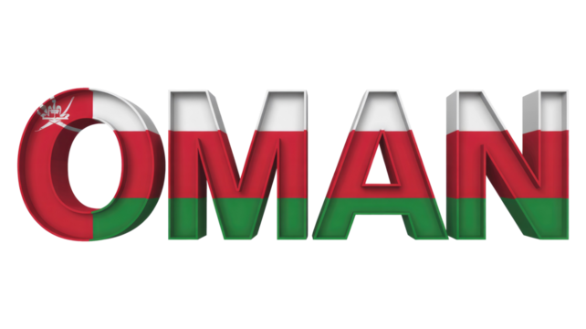 3D text 'OMAN' rendered with the national flag colors and emblem, creating a patriotic visual on a solid background. background removed