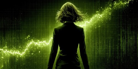 Double exposure of shadow of businesswoman and green stock chart line