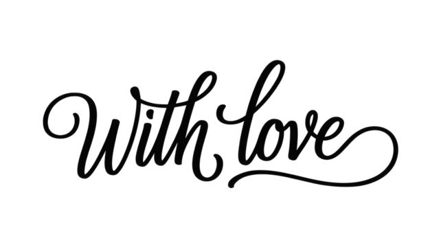 Elegant black script calligraphy reads 'With love' on a dark transparent background, perfect for heartfelt messages, greetings, or romantic designs. background removed - Powered by Adobe