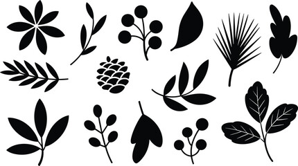 Botanical silhouette icon set, black foliage and berry shapes, vector illustration pack for nature design, seasonal decor, and educational use
