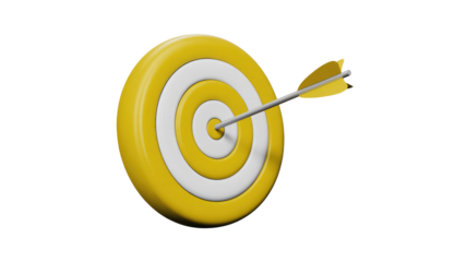 A 3D rendered yellow and white target board with an arrow perfectly hitting the bullseye, signifying success or achieving a goal. background removed