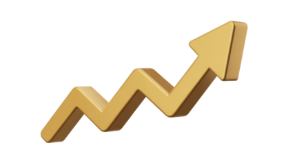 A shiny 3D golden arrow charts an upward, zigzag path, symbolizing growth, progress, financial increase, and successful trends. background removed