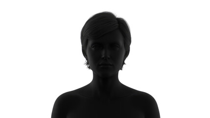 Anonymous dark silhouette of a woman with short hair and subtle rim lighting, presented against a solid dark transparent background. background removed