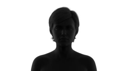 Anonymous dark silhouette of a woman with short hair and subtle rim lighting, presented against a solid dark transparent background. background removed